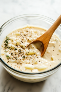 A transparent glass mixing bowl on a white marble cooktop, filled with cream of celery soup, cream of potato soup, milk, crushed thyme, and black pepper. A wooden spoon stirs the mixture, blending the creamy ingredients smoothly.