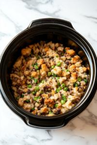 Stuffing mixture being transferred into a greased black slow cooker on a white marble cooktop, ready for cooking.