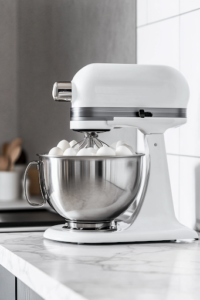 A stand mixer bowl on a white marble cooktop, filled with glossy egg whites being whipped to soft peaks. The whisk attachment is coated with the airy, smooth meringue.