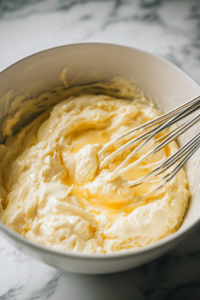 A mixing bowl with four cracked eggs and heavy cream being whisked together. The mixture appears smooth, creamy, and slightly frothy, perfectly blended to create a rich, custard-like base for the taco pie.