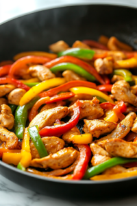 A close-up shot of the black skillet on the white marble cooktop, with thinly sliced red, yellow, and green bell peppers tossed in. The vibrant colors contrast beautifully with the golden chicken, creating a visually appealing and flavorful mix.