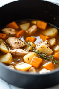 The black pot on the white marble cooktop is now filled with chicken broth, diced potatoes, sweet potatoes, and seared chicken pieces. The mixture simmers gently, creating a warm, inviting aroma as the ingredients blend together.