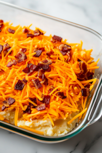 A close-up shot of shredded cheddar cheese and crispy crumbled bacon being generously sprinkled over the mashed potato layer in the glass baking dish on the white marble cooktop. The vibrant orange cheese and crunchy bacon bits promise a flavorful and indulgent topping.