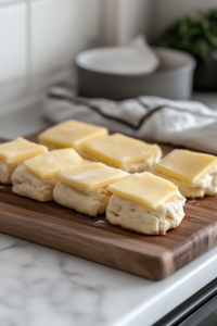 A close-up of the same wooden cutting board on a white marble cooktop, with biscuit dough halves neatly arranged. A slice of American cheese is being placed on each piece of dough, adding a creamy, melted layer inside the pigs in a blanket.