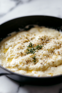 A black skillet on a white marble cooktop, where softened cream cheese and freshly grated Parmesan are being stirred into the thickened sauce. The mixture melts into a velvety texture, with seasonings sprinkled on top for extra flavor.