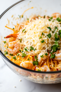 A glass mixing bowl on the white marble cooktop as a hand sprinkles a generous amount of shredded three-cheese Mexican blend into the shrimp mixture. The cheese strands cascade into the bowl, ready to be mixed in.