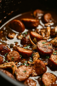 Sliced andouille sausage and shredded rotisserie chicken are being stirred into the black pot on the white marble cooktop. The sausage is lightly browned, releasing its smoky, spiced flavor, blending with the rich roux and aromatics.