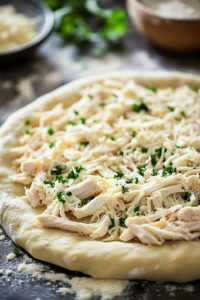 A prepared dough circle on a floured surface, topped with shredded rotisserie chicken and a generous sprinkle of shredded mozzarella cheese. The filling is evenly distributed, ready to be folded into a calzone.