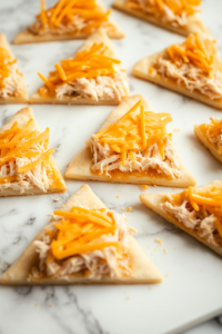 Crescent dough triangles are laid out on the white marble cooktop, each topped with half a slice of American cheese and a spoonful of the cheesy shredded chicken mixture, prepared for rolling.