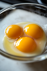 A close-up of the same glass mixing bowl on a white marble cooktop, as two large free-range egg yolks are being whisked into the creamed butter and sugar mixture. The batter takes on a smooth and golden texture, enriching the dough for the spiced currant cookies.