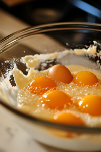 A close-up shot of a glass mixing bowl on the white marble cooktop, as eggs are added one at a time to the creamed butter and sugar mixture. A cracked egg yolk is visible on top, ready to be mixed in, ensuring a rich and smooth cake batter.