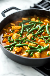 Fresh green beans (or thawed peas) are being added to the simmering stew in the black pot on the white marble cooktop. Their vibrant green color contrasts beautifully against the rich golden broth, adding freshness to the dish.