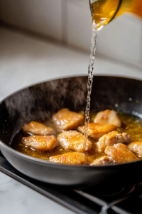 A close-up shot of a black skillet on a white marble cooktop, where dried thyme, fresh sage leaves, and bay leaves are added to the sizzling mixture. A stream of dry white wine pours into the pan, deglazing it and enhancing the dish with deep, aromatic flavors.