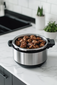 The Instant Pot on a white marble cooktop is filled with seared chicken and the remaining jerk marinade. The lid is being secured, locking in the flavors before pressure cooking begins.