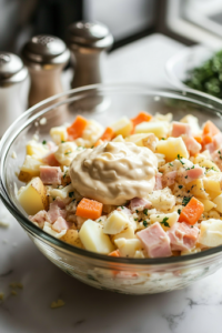 A close-up shot of a small dish of creamy mayonnaise being poured into the salad mixture in the glass mixing bowl on the white marble cooktop. Salt and pepper shakers sit nearby, ready to enhance the flavors.