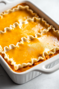 A greased 9x13-inch baking dish on a wooden countertop where shredded mozzarella cheese is generously sprinkled over the assembled Buffalo chicken lasagna, creating a thick, cheesy topping.