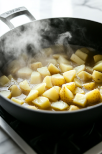 A close-up shot of the black pot on a white marble cooktop, as diced Yukon Gold potatoes are added to bubbling chicken broth. Steam rises from the simmering mixture as the potatoes begin to soften, infusing the broth with flavor.