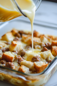 A close-up view of the cooked, crumbled sausage being evenly sprinkled over the toasted bread cubes in a glass baking dish on the white marble cooktop. The sausage is distributed across the dish, ensuring a flavorful bite in every serving.