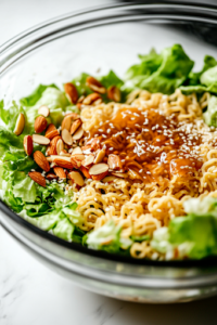 A glass mixing bowl on a white marble cooktop holds the assembled salad as toasted ramen, almonds, and sesame seeds are sprinkled over the top. A drizzle of golden dressing glistens, ready to be tossed.