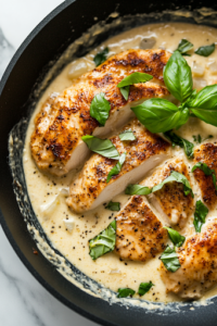 A close-up shot of the same black skillet on a white marble cooktop, now with creamy Alfredo sauce being poured over the cooked chicken. Fresh basil, cayenne pepper, and chopped onion are stirred in, blending into a rich, velvety mixture