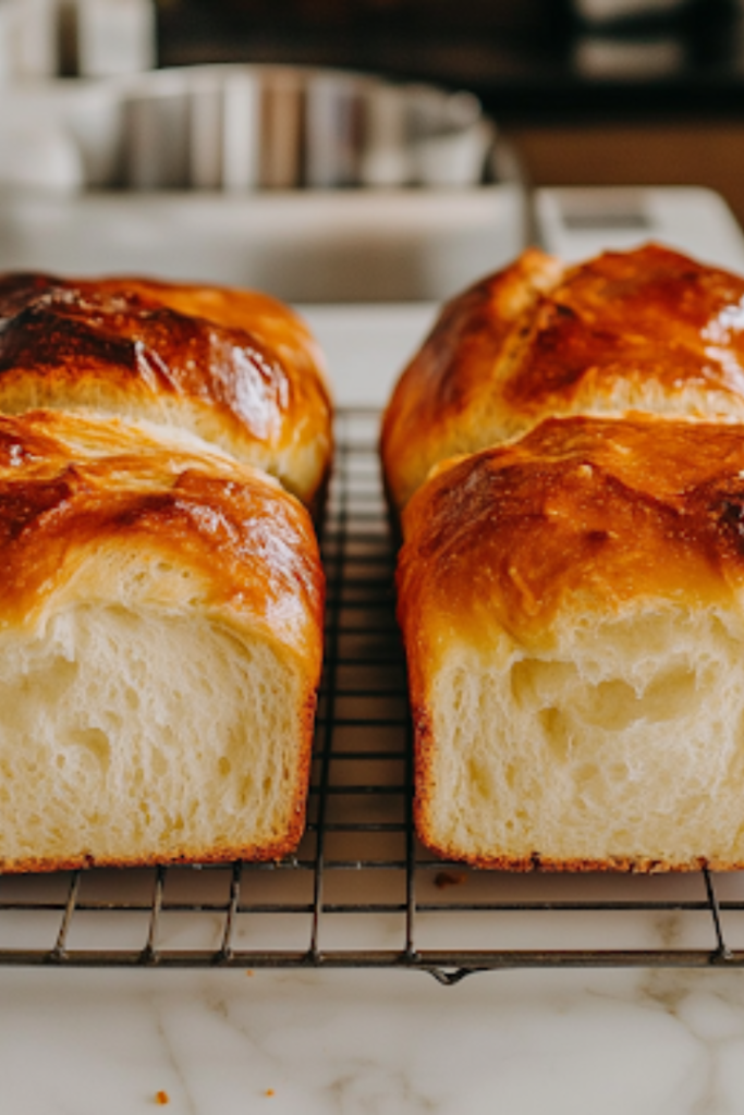 A close-up of two golden brown loaves of freshly baked bread cooling on a wire rack over a white marble cooktop. The crust looks crisp, and a sliced piece reveals the soft, fluffy interior, ready to be enjoyed.