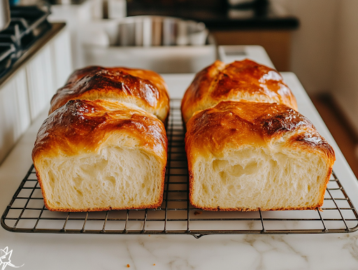 A close-up of two golden brown loaves of freshly baked bread cooling on a wire rack over a white marble cooktop. The crust looks crisp, and a sliced piece reveals the soft, fluffy interior, ready to be enjoyed.