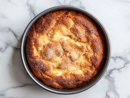 A close-up of a freshly baked apple cinnamon cake in a cake pan on a white marble cooktop. The golden-brown top has a slightly cracked surface with a crunchy cinnamon-sugar crust. A knife rests beside it, ready for slicing and serving.