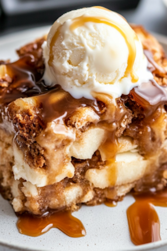A close-up of a serving plate on a white marble cooktop, featuring a freshly baked portion of Caramel Apple Cinnamon Roll Bake. The warm dessert is drizzled with extra caramel sauce and served with a scoop of melting vanilla ice cream, ready to be enjoyed.