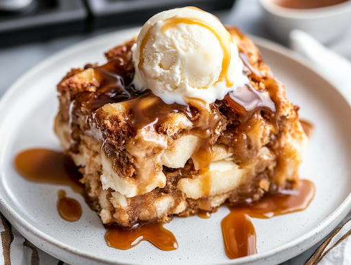 A close-up of a serving plate on a white marble cooktop, featuring a freshly baked portion of Caramel Apple Cinnamon Roll Bake. The warm dessert is drizzled with extra caramel sauce and served with a scoop of melting vanilla ice cream, ready to be enjoyed.