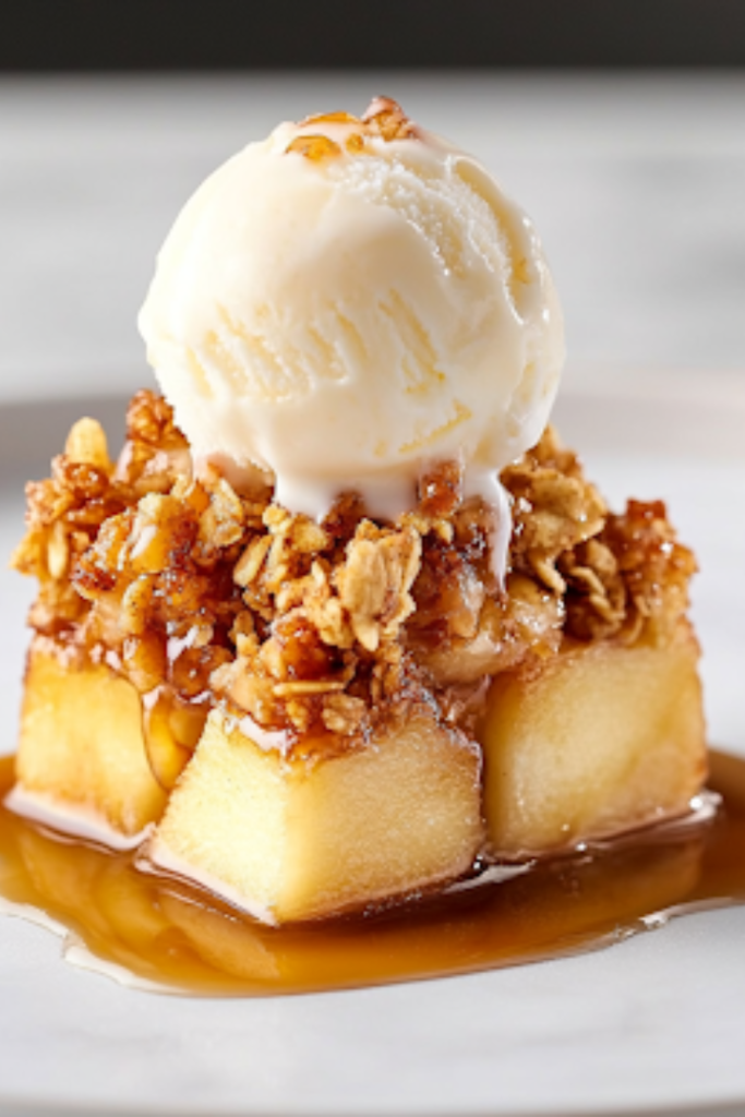 A close-up shot of a serving of apple crisp plated with a scoop of melting vanilla ice cream on top. A caramel drizzle cascades over the dessert, adding an extra layer of sweetness and indulgence.
