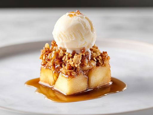A close-up shot of a serving of apple crisp plated with a scoop of melting vanilla ice cream on top. A caramel drizzle cascades over the dessert, adding an extra layer of sweetness and indulgence.