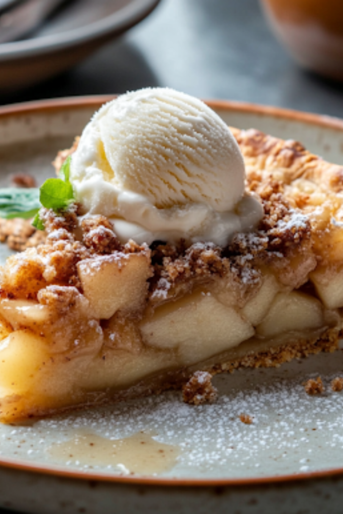 A close-up shot of a slice of Dutch apple pie served on a plate, topped with a scoop of melting vanilla ice cream. The contrast of the warm, spiced apple filling and the cold, creamy ice cream makes it look absolutely irresistible.