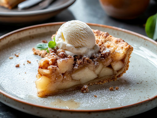 A close-up shot of a slice of Dutch apple pie served on a plate, topped with a scoop of melting vanilla ice cream. The contrast of the warm, spiced apple filling and the cold, creamy ice cream makes it look absolutely irresistible.