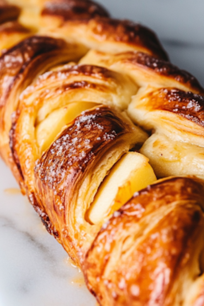 A close-up shot of a freshly baked golden-brown Danish braid, its flaky crust crisp and beautifully layered. A serrated knife slices through, revealing the gooey apple and cream cheese filling inside.