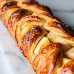 A close-up shot of a freshly baked golden-brown Danish braid, its flaky crust crisp and beautifully layered. A serrated knife slices through, revealing the gooey apple and cream cheese filling inside.