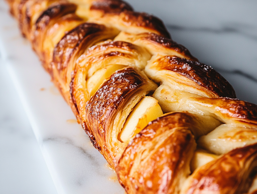 A close-up shot of a freshly baked golden-brown Danish braid, its flaky crust crisp and beautifully layered. A serrated knife slices through, revealing the gooey apple and cream cheese filling inside.