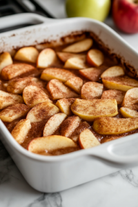 A greased baking dish on the white marble cooktop with cinnamon-sugar-coated apple slices spread evenly across the bottom, creating a flavorful and fragrant base for the crustless pie.