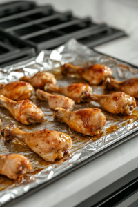 A close-up shot of a foil-lined baking sheet on a white marble cooktop, where the glazed chicken drumsticks are neatly arranged. The oven door is slightly open, revealing the drumsticks ready to be baked, promising a deliciously caramelized and tender result.