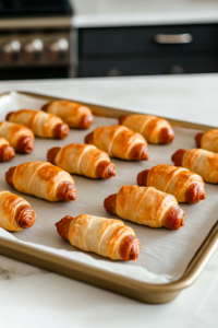 A close-up of a parchment-lined baking sheet on a white marble cooktop, with wrapped pigs in a blanket neatly arranged, seam side down. Each piece is evenly spaced, ready to bake into golden, flaky perfection.