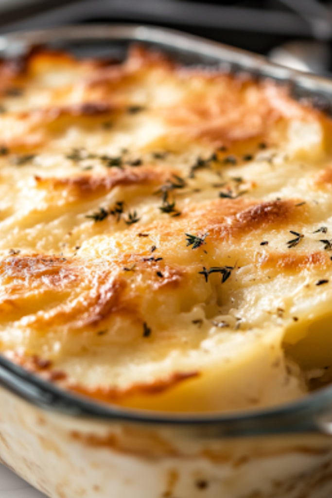 A close-up shot of the finished cheesy scalloped potatoes in the glass baking dish on the white marble cooktop. The top is crispy and golden, while gooey cheese oozes between the tender potato layers. A serving spoon is ready to scoop a warm, cheesy portion onto a plate.