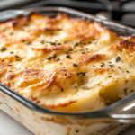A close-up shot of the finished cheesy scalloped potatoes in the glass baking dish on the white marble cooktop. The top is crispy and golden, while gooey cheese oozes between the tender potato layers. A serving spoon is ready to scoop a warm, cheesy portion onto a plate.