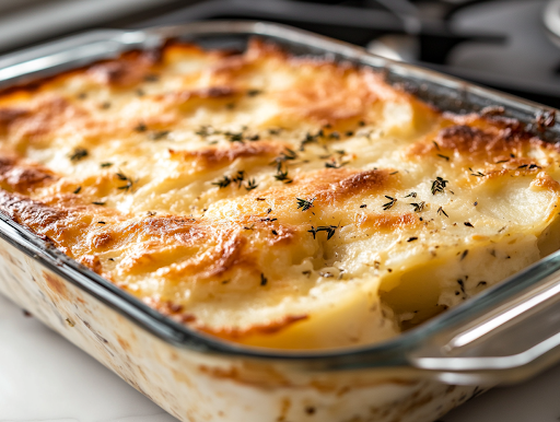 A close-up shot of the finished cheesy scalloped potatoes in the glass baking dish on the white marble cooktop. The top is crispy and golden, while gooey cheese oozes between the tender potato layers. A serving spoon is ready to scoop a warm, cheesy portion onto a plate.