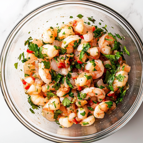 A close-up shot of the completed shrimp ceviche in a glass bowl over the white marble cooktop. The ingredients are well mixed, garnished with extra cilantro, and served with a side of tortilla chips and hot sauce.