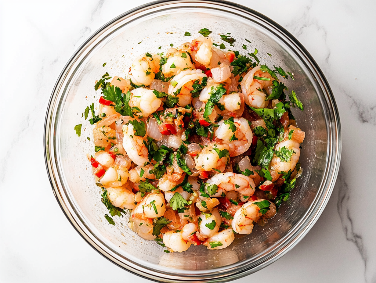 A close-up shot of the completed shrimp ceviche in a glass bowl over the white marble cooktop. The ingredients are well mixed, garnished with extra cilantro, and served with a side of tortilla chips and hot sauce.