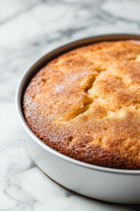 A close-up of a freshly baked apple cinnamon cake in a cake pan on a white marble cooktop. The golden-brown top has a slightly cracked surface with a crunchy cinnamon-sugar crust. A knife rests beside it, ready for slicing and serving.