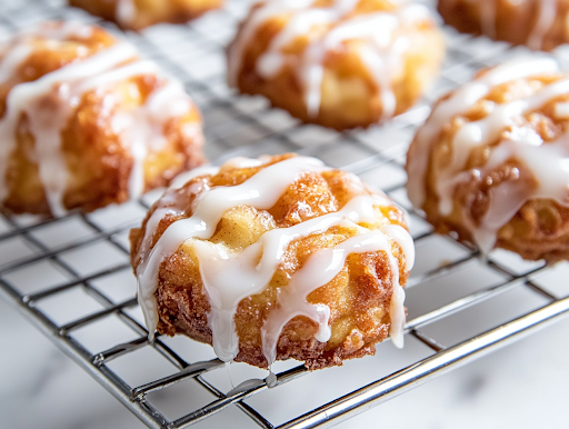 A close-up of a cooling rack on a white marble cooktop, with freshly baked apple cinnamon fritters being drizzled with smooth vanilla glaze from a spoon. The glaze cascades down, coating the warm fritters for a glossy and irresistible finish.