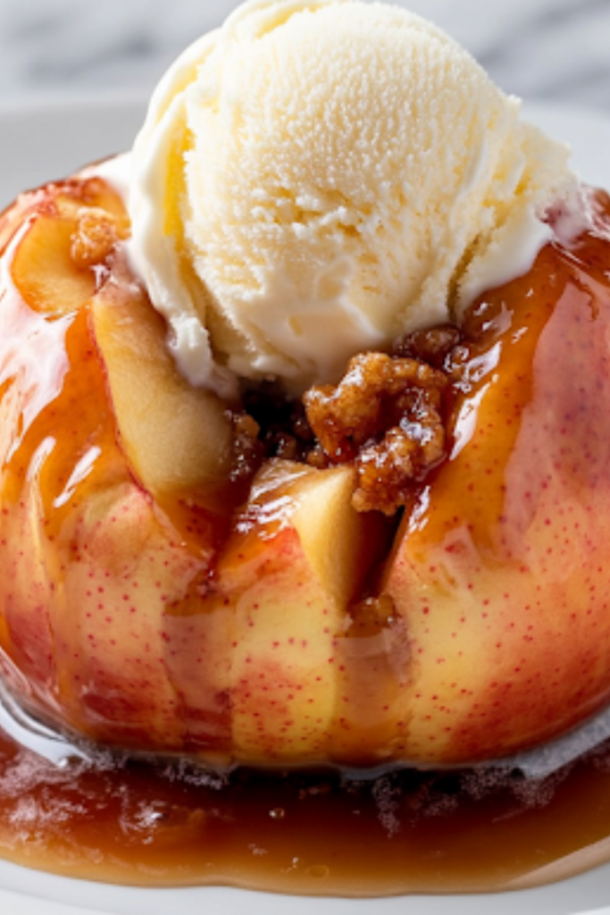A close-up shot of a warm baked apple on a white plate over the white marble cooktop, topped with a scoop of melting vanilla ice cream. A spoon takes a bite, revealing the soft, spiced apple center paired with the crispy oat topping.