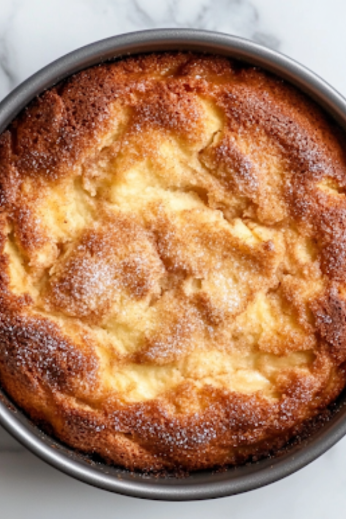 A close-up of a freshly baked apple cinnamon cake in a cake pan on a white marble cooktop. The golden-brown top has a slightly cracked surface with a crunchy cinnamon-sugar crust. A knife rests beside it, ready for slicing and serving.