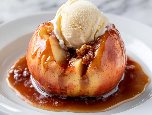 A close-up shot of a warm baked apple on a white plate over the white marble cooktop, topped with a scoop of melting vanilla ice cream. A spoon takes a bite, revealing the soft, spiced apple center paired with the crispy oat topping.