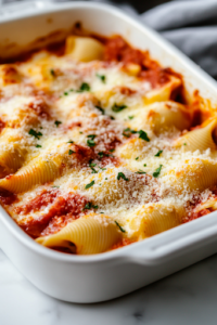 A golden, bubbly baked dish of chicken and broccoli Alfredo stuffed shells fresh out of the oven on a white marble cooktop. The shells are garnished with extra Parmesan cheese, ready to be served hot.